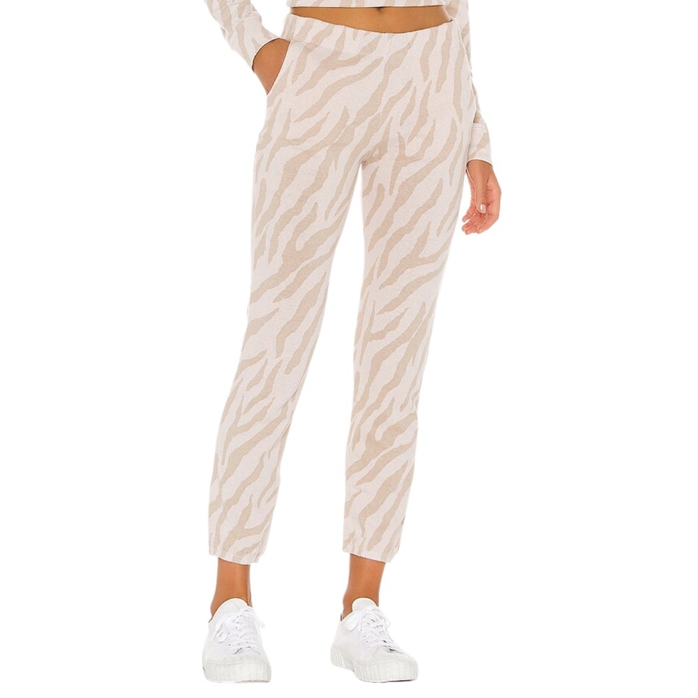 Monrow Pants Womens Medium Beige Cream Zebra Print Cotton Joggers Pull On Knit